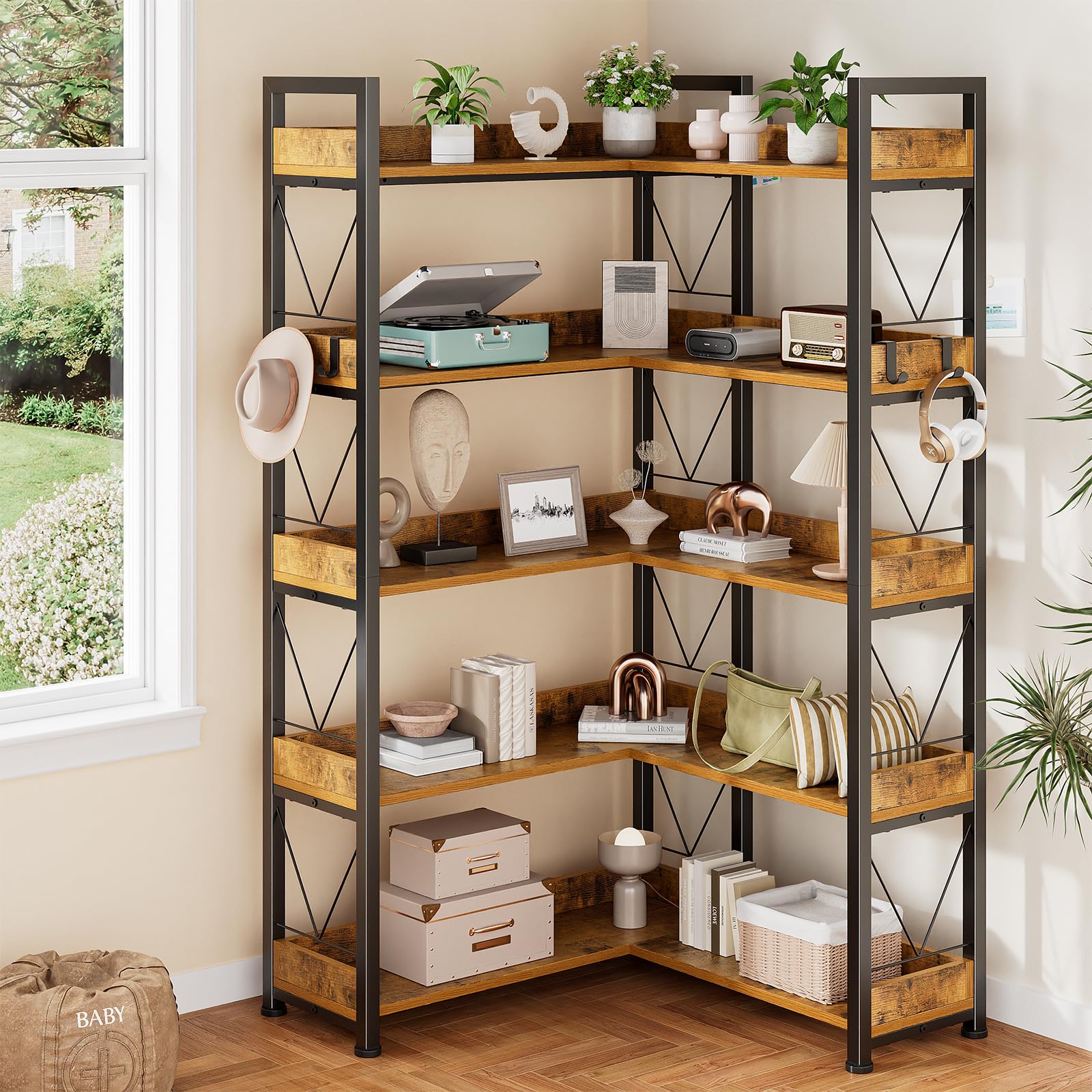 JHK 65인치 L자형 책장 5단 코너 책꽂이, 후크와 - Bookshelf 5 Tier 리뷰 및 가격