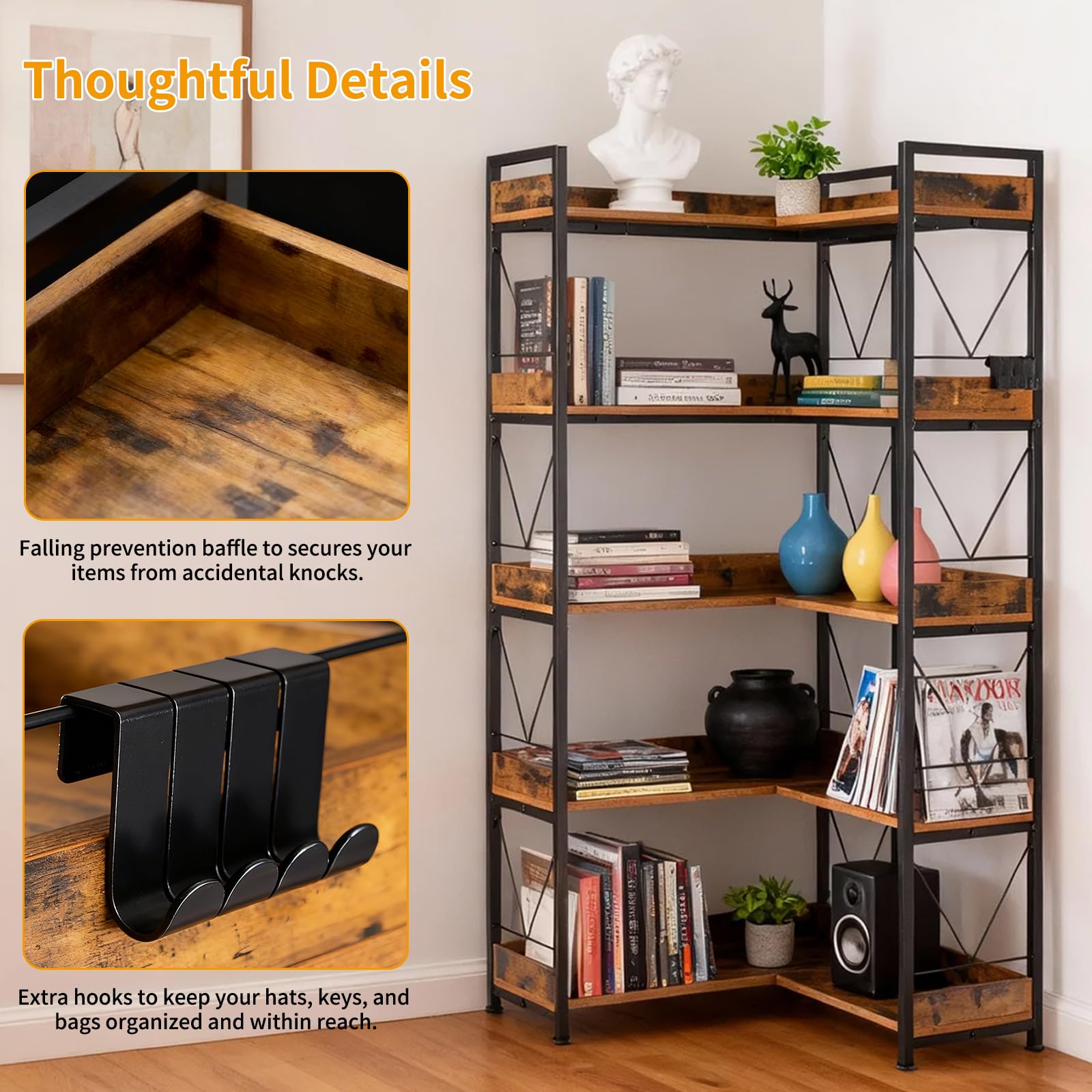 JHK 65인치 L자형 책장 5단 코너 책꽂이, 후크와 - Bookshelf 5 Tier 리뷰 및 가격
