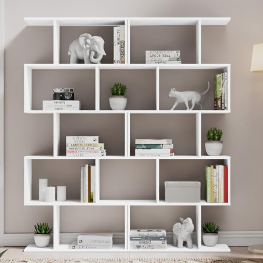 거실 사무실 책장 세트: 기하학적 S자형 높이 62인치 - Bookshelf 5 Tier 리뷰 및 가격